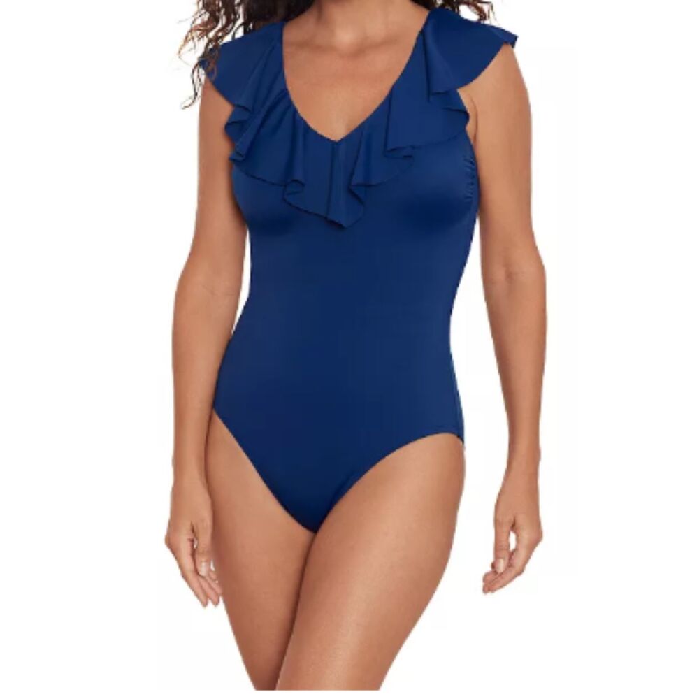 Royal Blue V-Neck Ruffled One-Piece Swimsuit